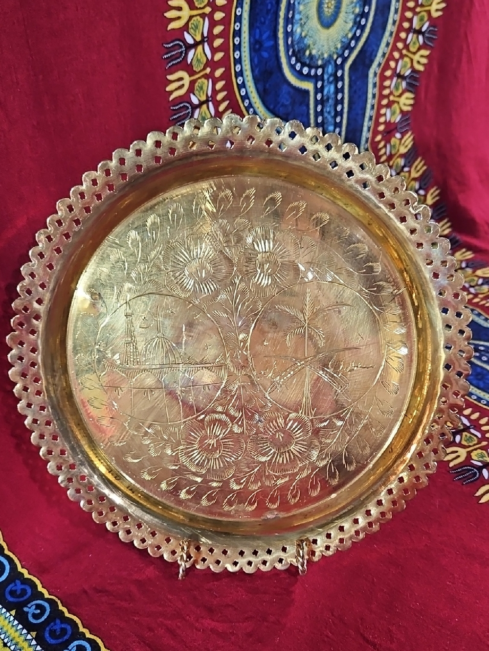 Vintage Hand Etched Brass Serving Tray Ornate Decorative Wall Platter